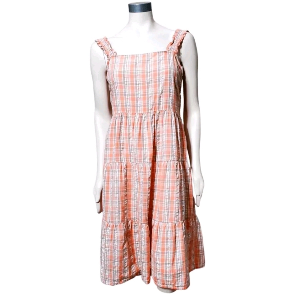 Madison Grey Midi Dress Tiered Size XL  Orange Seersucker Stretchy Womens